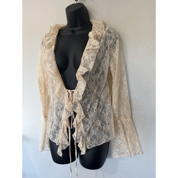 Romantic Lace Ruffle Top Large Beige Tie Front Fairy Whimsigoth Romantic - Picture 2 of 8